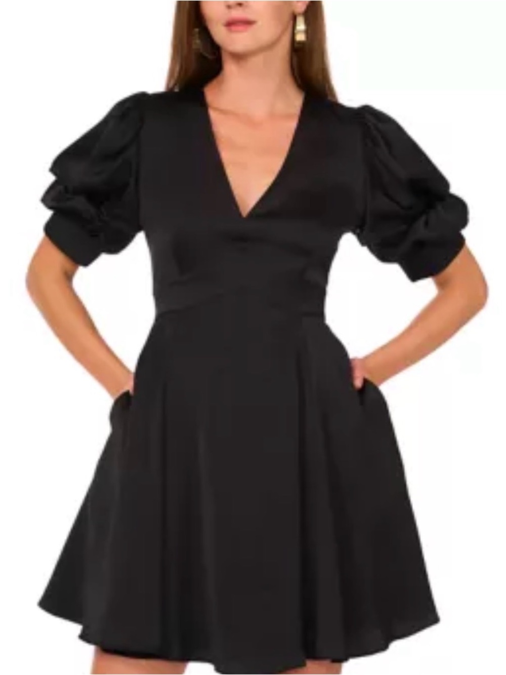 1.STATE Women’s Black Solid Satin V-Neck Puff Sleeve Fit & Flare Mini Dress M